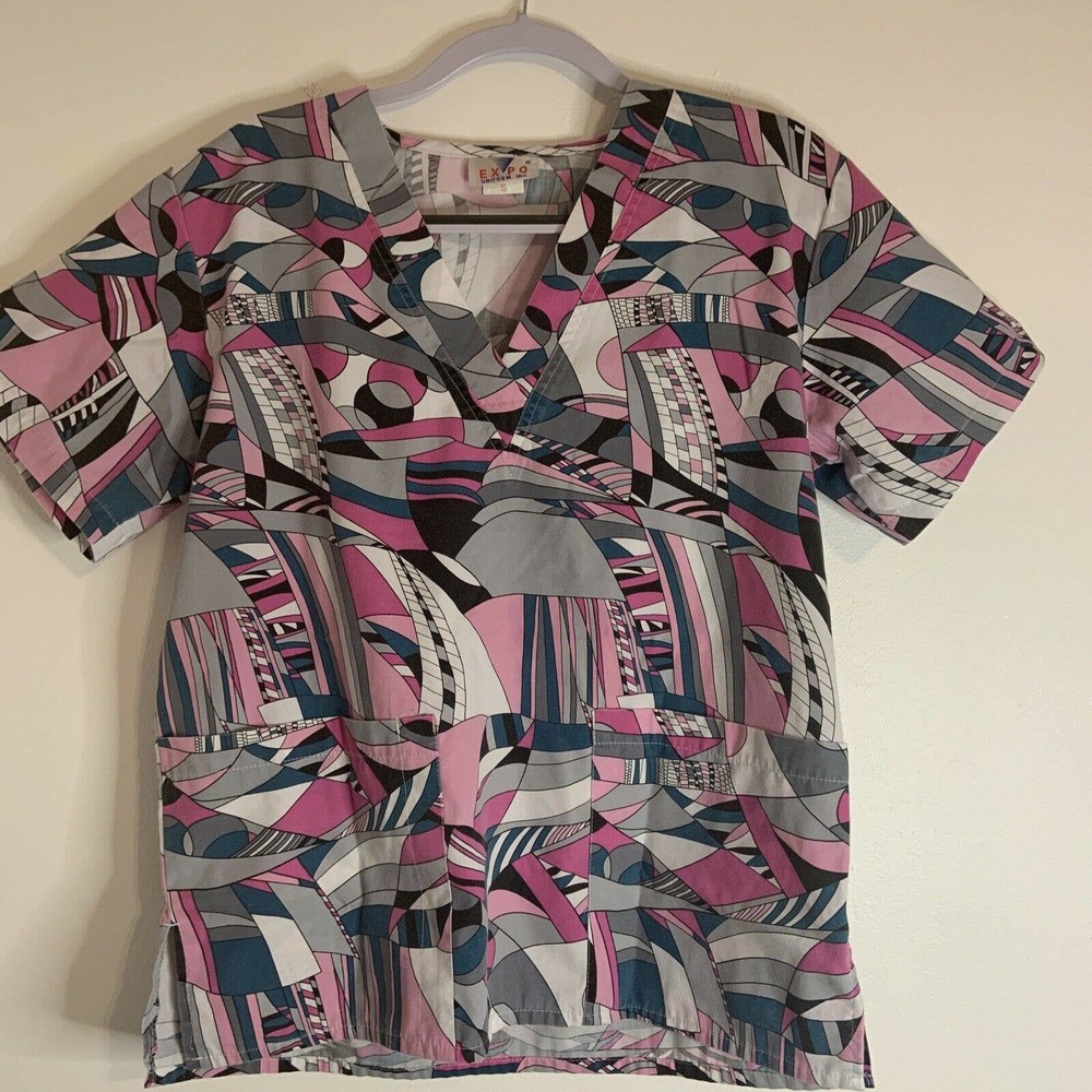 Expo Pink Multi-Color Patterned V-Neck Scrub Top Medical Uniform Small